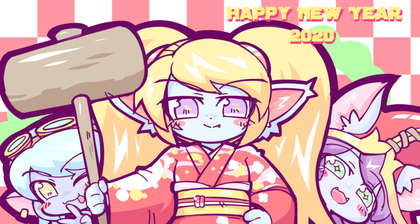 2020 3girls :3 animal_ears blonde_hair blue_hair blush_stickers commentary_request fang fangs goggles goggles_on_head gold_earrings green_eyes happy_new_year holding holding_hammer kayo!!_(gotoran) league_of_legends looking_at_viewer lulu_(league_of_legends) multiple_girls new_year poppy purple_eyes purple_hair simple_background smile tongue tongue_out tristana v yellow_eyes yordle