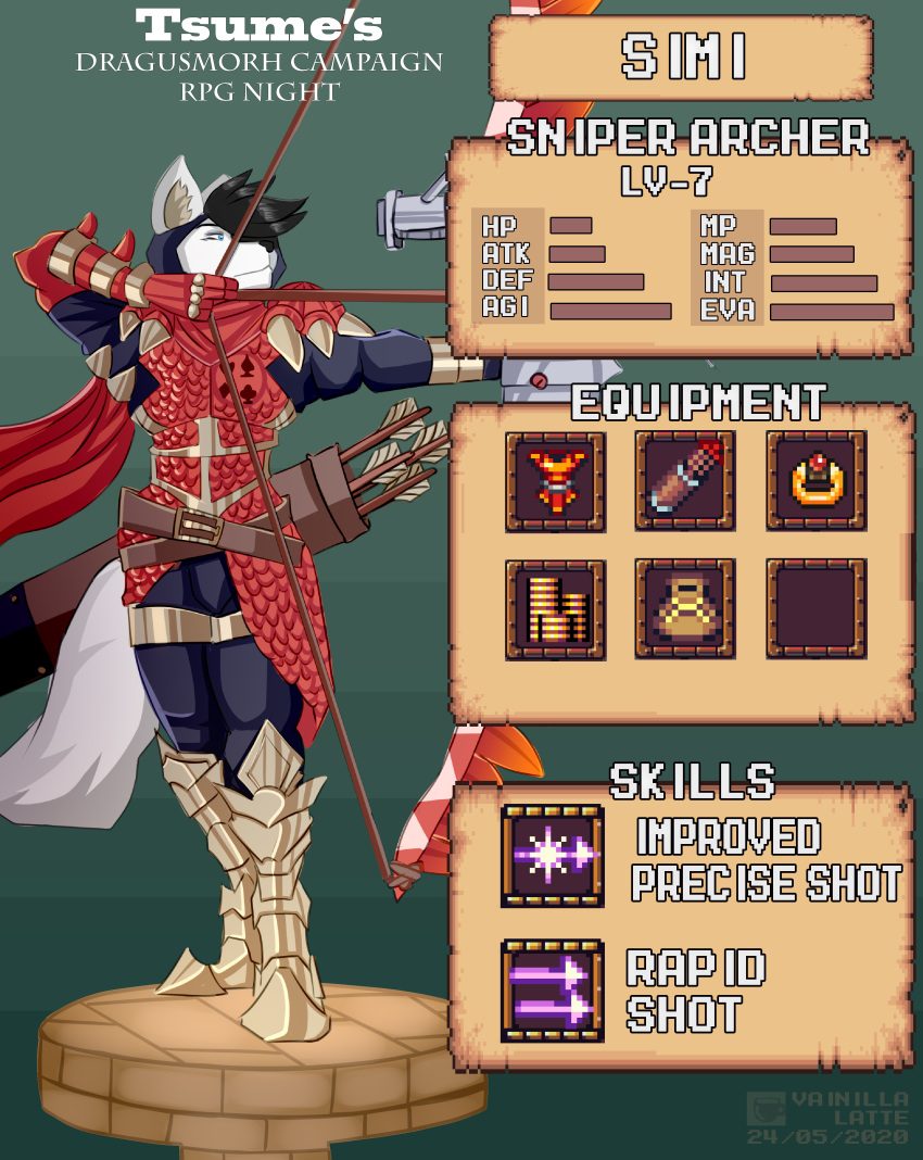 absurd_res archer arrow boots bow canid canine clothing dragusmorh dungeons_and_dragons english_text equipment footwear fox hasbro hi_res male mammal simi solo text tsume_yifu vainilla_latte weapon white_ears white_tail wizards_of_the_coast