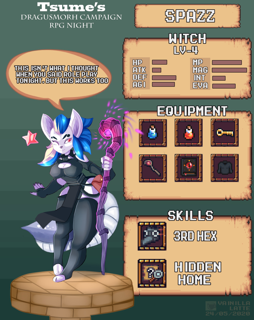 absurd_res anthro armor blue_hair derangedspazz dragusmorh dungeons_and_dragons english_text female fur gfighter hair hasbro hi_res living_tail melee_weapon purple_body purple_fur reptile scalie snake snake_tail solo spazz staff text tongnue_out tsume_yifu vainilla_latte weapon wizards_of_the_coast