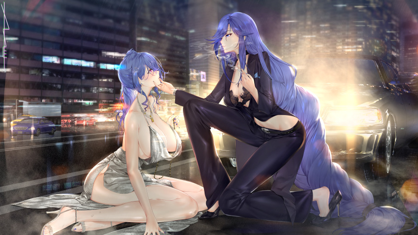 2girls absurdly_long_hair absurdres azur_lane backless_dress backless_outfit bare_shoulders belt biloxi_(azur_lane) biloxi_(empress_in_the_silk_seat)_(azur_lane) black_choker black_footwear black_suit blue_eyes blue_hair blue_nails blush bra bra_peek bracelet braid braided_ponytail breasts car choker cigarette cityscape cleavage dress earrings evening_gown full_body ground_vehicle hair_between_eyes hair_ornament hairclip halter_dress hand_on_another's_chin handkerchief high_heels highres jacket jewelry large_breasts long_hair medium_breasts motor_vehicle multiple_girls nail_polish necklace no_panties no_shirt pants pink_eyes plunging_neckline purple_jacket purple_pants revealing_clothes side_ponytail sidelocks silver_dress silver_footwear sitting sleeveless sleeveless_dress small_breasts smoke smoking st._louis_(azur_lane) st._louis_(luxurious_wheels)_(azur_lane) suit_jacket thighs underwear very_long_hair yi_dianxia yokozuwari yuri