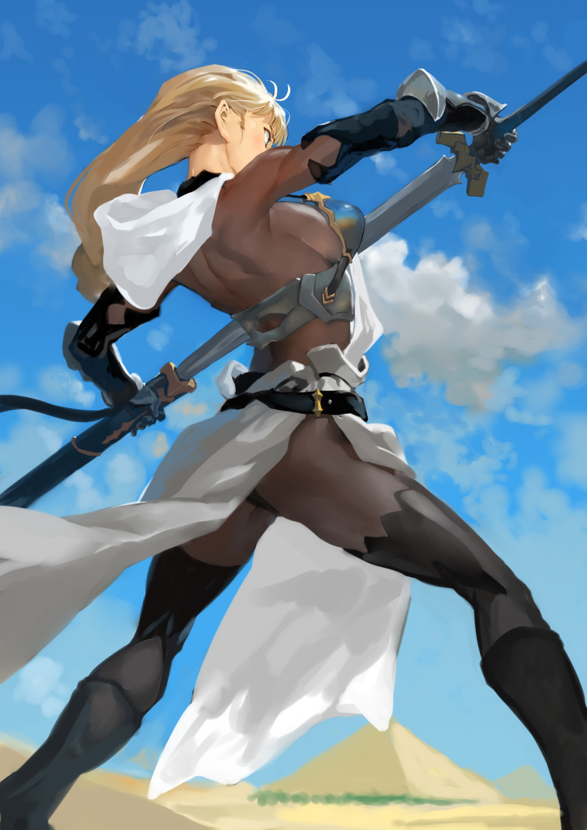 1girl armor ass blonde_hair bob_(biyonbiyon) bodystocking boots gloves highres hood knight long_hair original pyramid sword tabard thighhighs weapon