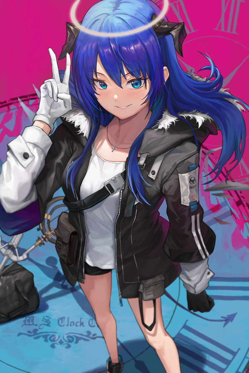1girl absurdres arknights bangs bare_legs black_gloves black_jacket blue_eyes blue_hair blush commentary eyebrows_visible_through_hair feet_out_of_frame gloves grin hair_between_eyes halo hand_up highres horns jacket jewelry ko-ma long_hair long_sleeves looking_at_viewer mismatched_gloves mostima_(arknights) necklace parted_lips pouch roman_numerals shirt smile solo standing v white_gloves white_shirt