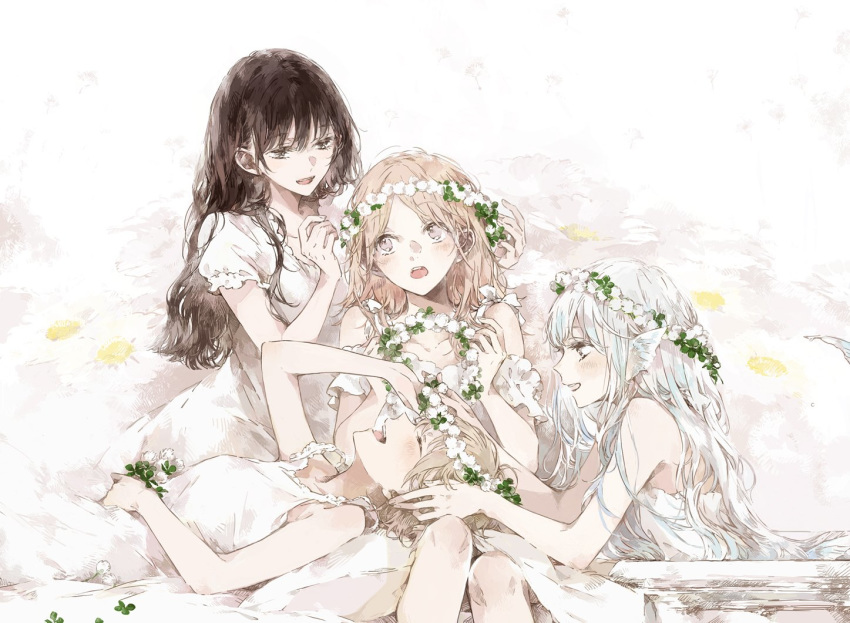 4girls bangs black_eyes black_hair blonde_hair closed_eyes collarbone dress eyebrows_visible_through_hair flower head_fins kakmxxxny06 long_hair lying multiple_girls on_back open_mouth original parted_bangs pillow pointy_ears short_hair short_sleeves sitting upper_teeth white_dress white_hair wreath