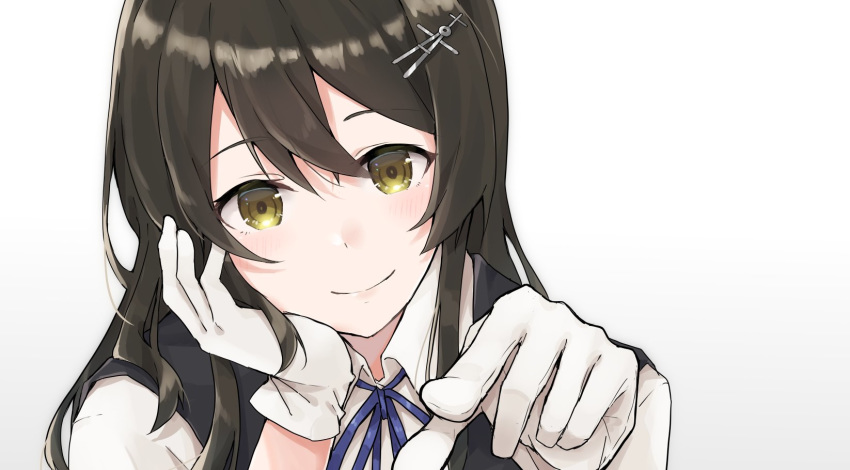 1girl black_hair black_vest commentary_request gloves grey_eyes hair_ornament hairclip highres kantai_collection looking_at_viewer neck_ribbon oyashio_(kantai_collection) ribbon school_uniform shirt short_sleeves simple_background smile solo u_yuz_xx upper_body vest white_background white_gloves white_shirt