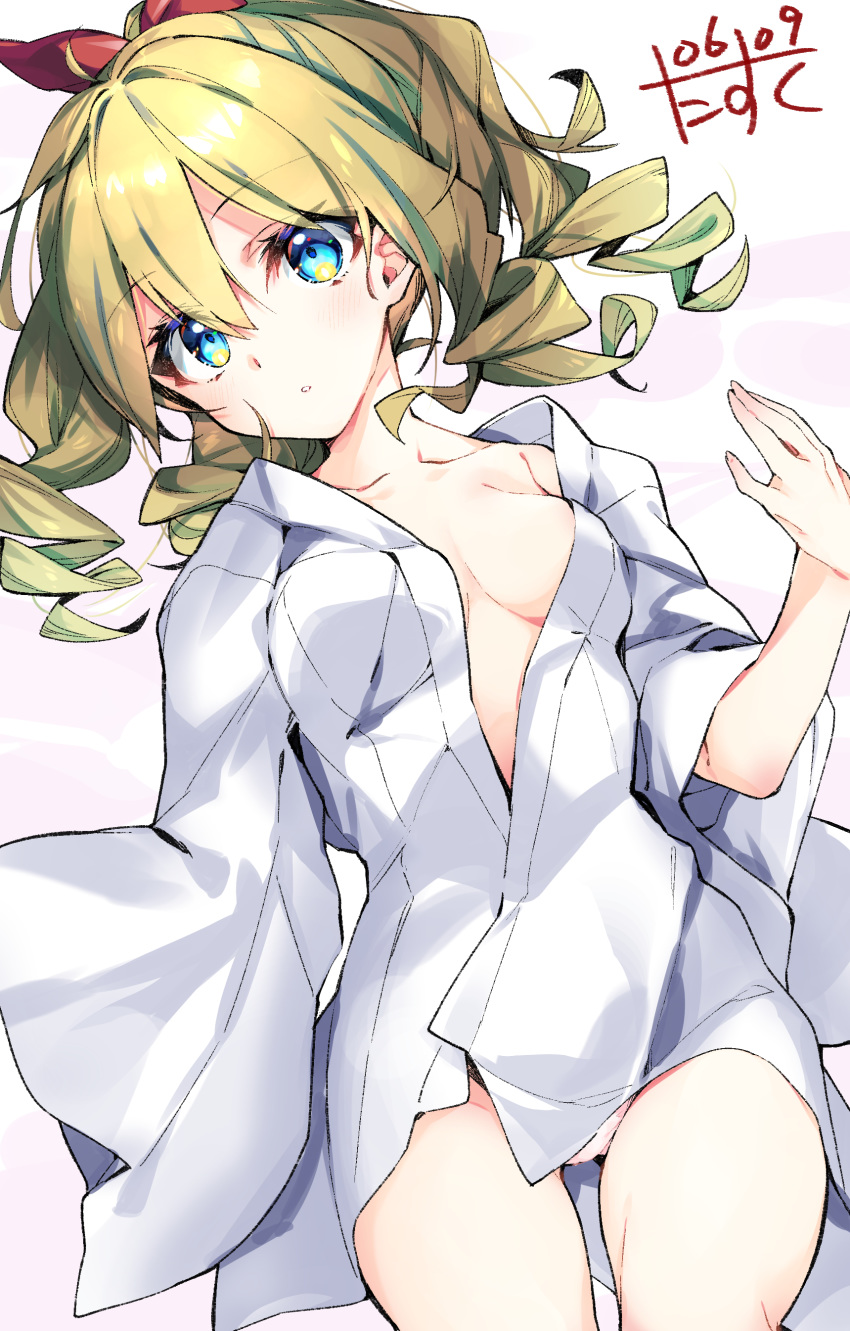 1girl absurdres blonde_hair blue_eyes breasts commentary_request cowboy_shot dated dress_shirt drill_hair hair_between_eyes hair_ornament hair_ribbon hatakaze_(kantai_collection) highres kantai_collection long_sleeves lying narumiya_(empty_cafe) no_bra ponytail red_ribbon ribbon shirt signature simple_background small_breasts solo white_background wide_sleeves