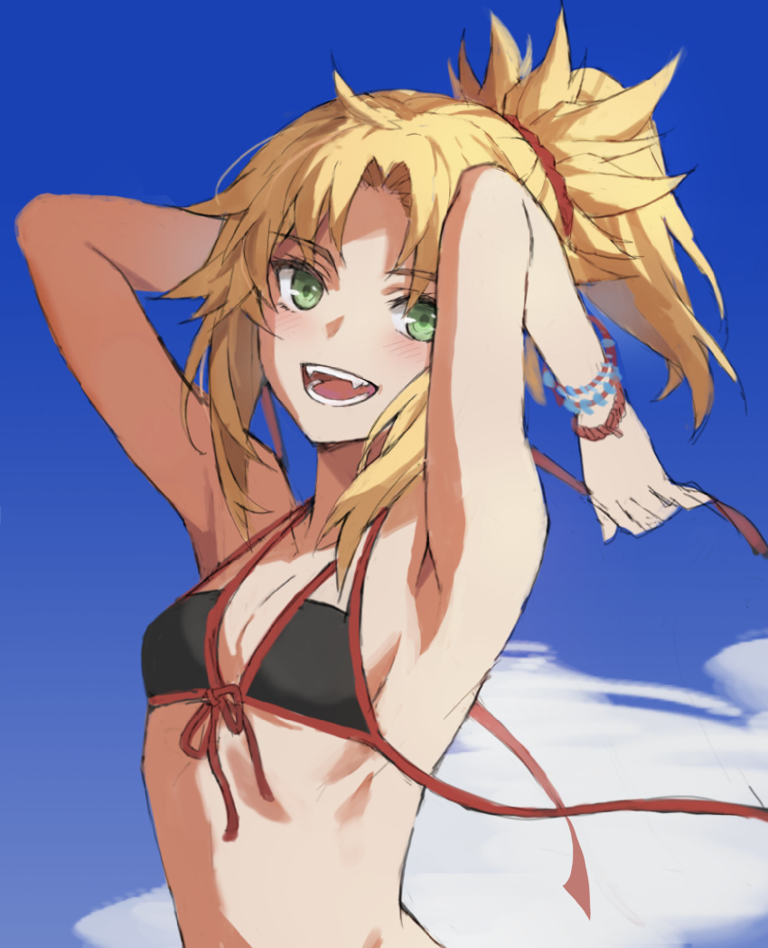 1girl arms_behind_head arms_up blonde_hair bracelet breasts check_commentary cloud commentary commentary_request fangs fate/grand_order fate_(series) green_eyes halter_top halterneck highres jewelry mordred_(fate)_(all) mordred_(swimsuit_rider)_(fate) open_mouth ponytail sky small_breasts solo tonee wardrobe_malfunction