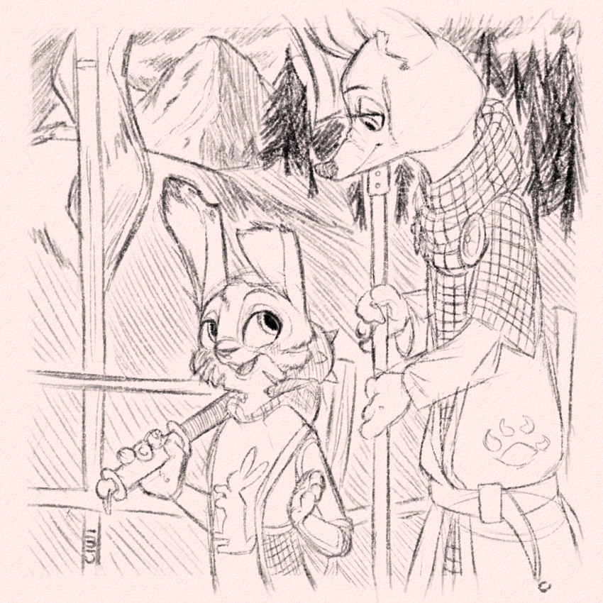 1:1 anthro canid canine ciwi clothed clothing disney duo fox fully_clothed fur holding_object holding_weapon judy_hopps lagomorph leporid looking_at_another mace mammal medieval melee_weapon mountain nick_wilde notched_ear open_mouth open_smile outside rabbit red_fox scar smile tree weapon zootopia