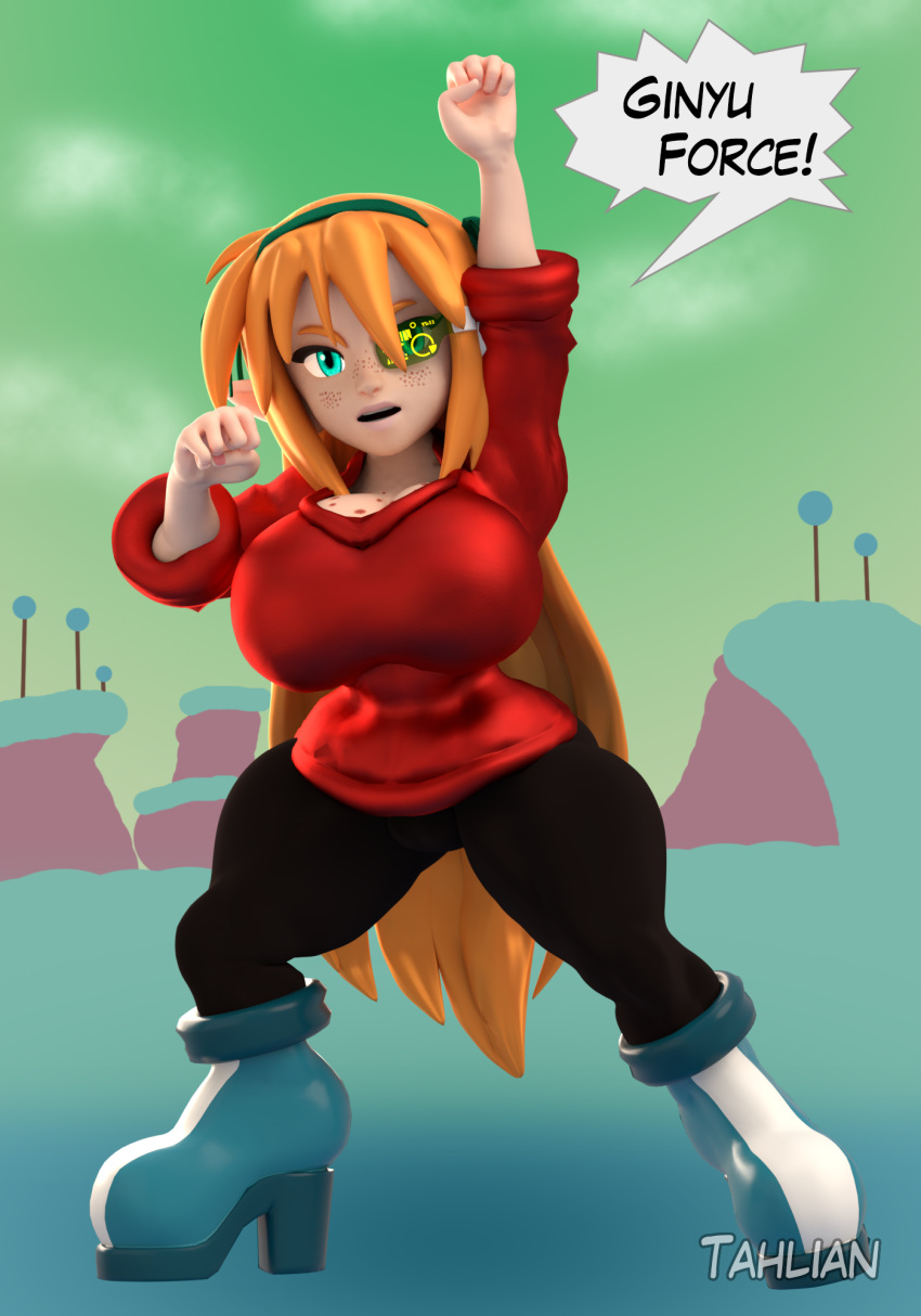 3d_(artwork) big_breasts blender_(software) breasts clothed clothing digital_media_(artwork) dragon_ball dragon_ball_z elf felicia_(tahlian) female fist freckles fully_clothed gesture ginyu_force green_eyes green_sky hair hi_res humanoid humanoid_pointy_ears long_hair not_furry orange_hair scouter short_stack simple_background solo speech_bubble tahlian thick_thighs wide_hips