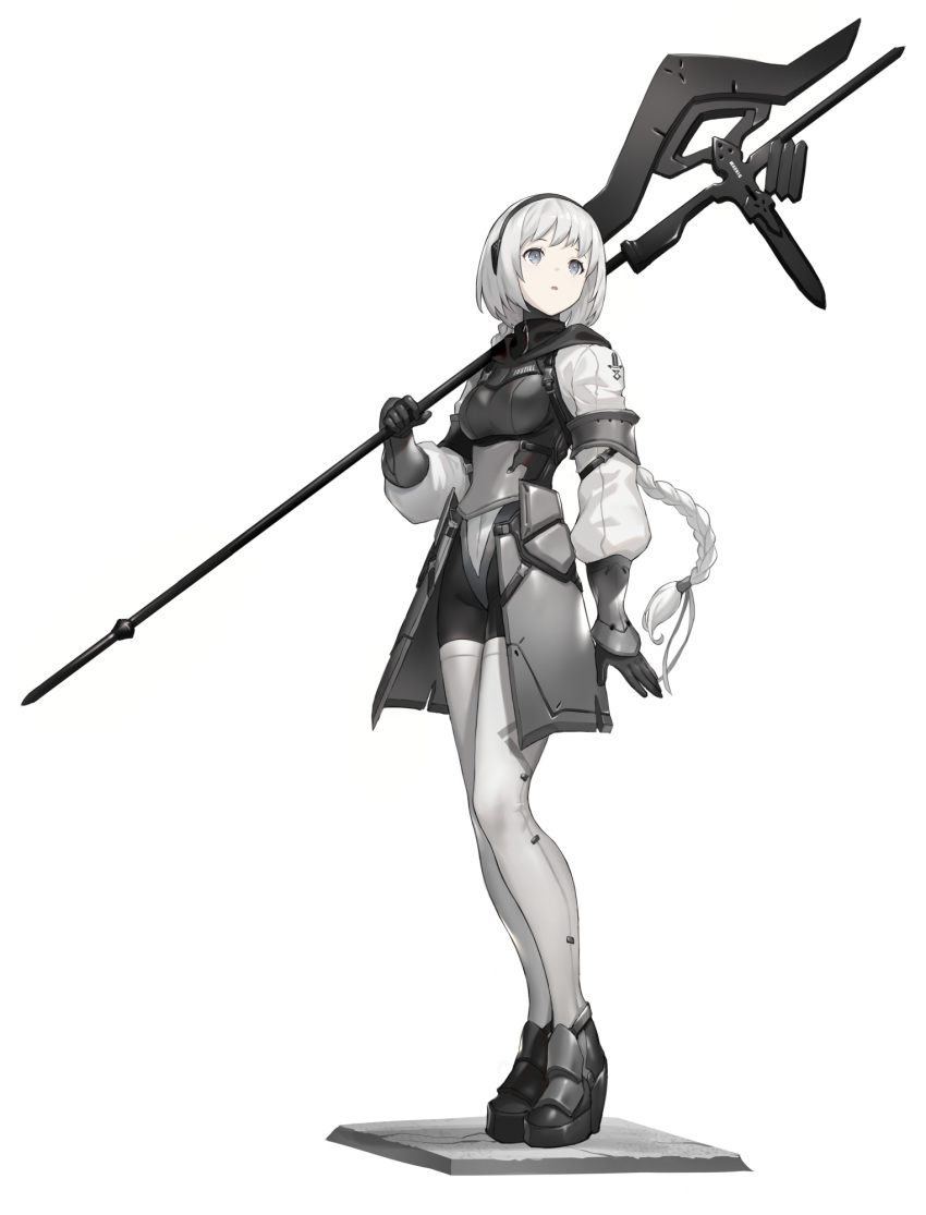 1girl armor braid braided_ponytail commentary_request faulds full_body grey_eyes hairband halberd high_heels highres keemu_(occhoko-cho) long_hair original over_shoulder platform_footwear polearm solo thighhighs weapon weapon_over_shoulder white_background white_hair