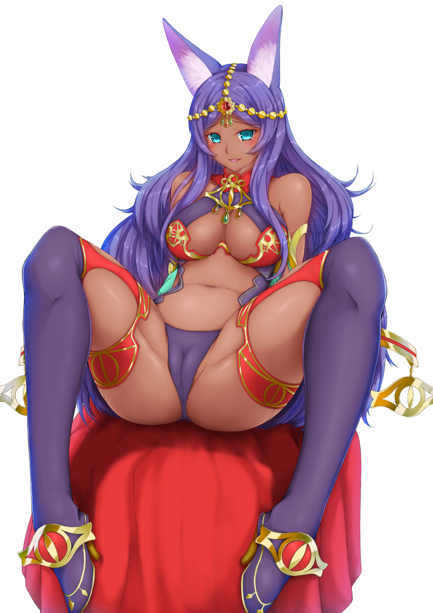 1girl animal_ears aqua_eyes bare_shoulders breasts cameltoe circlet dark_skin egyptian_clothes eyeliner fate/grand_order fate_(series) forehead_jewel gem head_chain highres jackal_ears large_breasts long_hair makeup midriff purple_hair queen_of_sheba_(fate/grand_order) shinrou_tsukimi smile solo