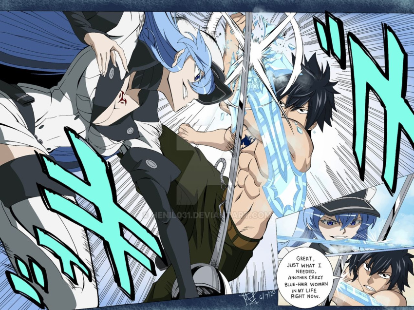 1boy 1girl akame_ga_kill! battle black_eyes black_hair blue_eyes blue_hair boots breast_tattoo breasts chest_tattoo choker cleavage commentary crossover crystal_sword english_commentary esdeath evil_grin evil_smile fairy_tail fighting gray_fullbuster grin hair_between_eyes hat henil031 holding holding_sword holding_weapon ice jewelry large_breasts long_hair military military_uniform muscle necklace peaked_cap sadism smile speech_bubble spiked_hair sword tattoo thigh_boots thighhighs uniform very_long_hair weapon whip_marks