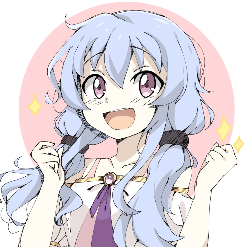 1girl artist_name beyblade beyblade:_burst blue_hair chankyone character_name highres jewelry korean_commentary korean_text long_hair nishiro_nya open_eyes open_mouth pink_shirt purple_eyes shirt short_twintails simple_background twintails waistcoat