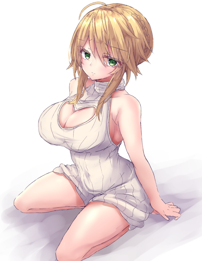 1girl ahoge artoria_pendragon_(all) artoria_pendragon_(lancer) blonde_hair breasts cleavage cleavage_cutout fate/grand_order fate_(series) green_eyes highres kneeling large_breasts meme_attire ribbed_sweater sidelocks simple_background sweater thighs virgin_killer_sweater white_background white_sweater yuuki_shuri