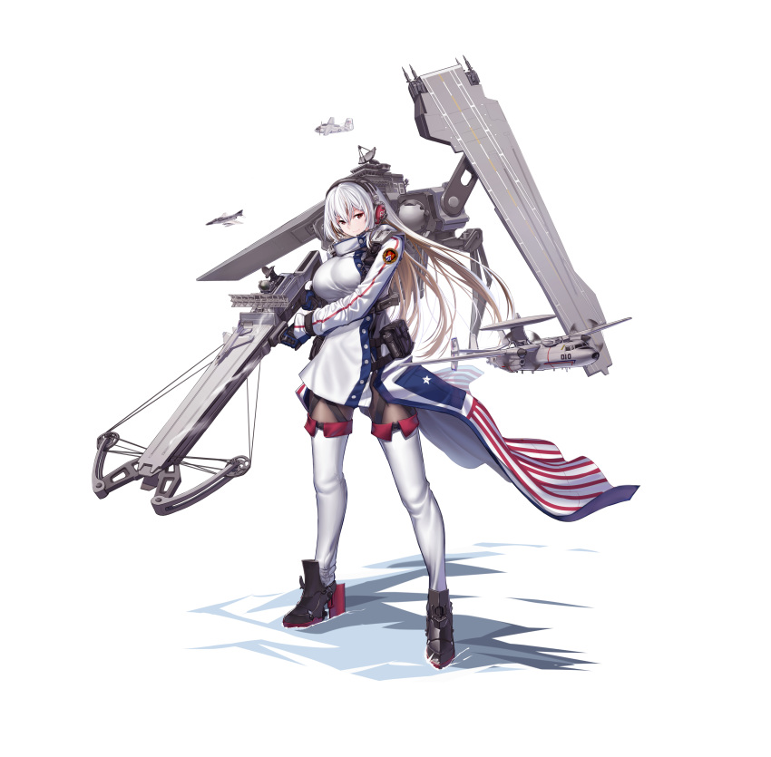 1girl absurdres aircraft aircraft_carrier airplane black_legwear boots bow_(weapon) breasts brown_eyes crossbow grey_hair headphones highres holding holding_weapon large_breasts long_hair long_sleeves machinery mecha_musume military military_vehicle onceskylark original pantyhose personification ship solo thigh_boots thighhighs uss_america_(cv-66) warship watercraft weapon white_footwear