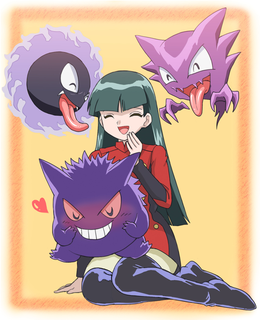 1girl :d bangs black_footwear blunt_bangs boots buttons closed_eyes collared_dress commentary_request dark_green_hair dress gastly gen_1_pokemon gengar gym_leader hand_up happy haunter heart highres natsume_(pokemon) open_mouth pokemon pokemon_(anime) pokemon_(classic_anime) pokemon_(creature) red_dress shiny shiny_hair short_dress sitting smile soragasa504 thigh_boots thighhighs tongue yokozuwari