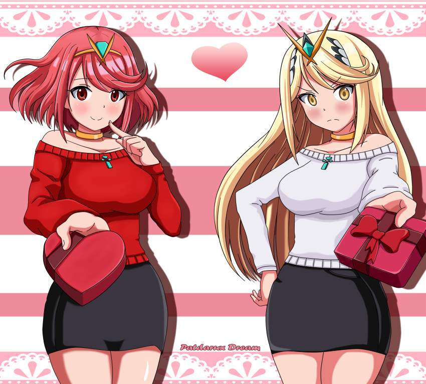 10s 2girls absurdres alternate_costume artist_name bangs bare_shoulders blonde_hair blush breasts choker dual_persona eyebrows_visible_through_hair gem gift gradient hair_ornament headpiece heart highres hikari_(xenoblade_2) holding holding_gift homura_(xenoblade_2) jewelry large_breasts long_hair looking_at_viewer matching_hair/eyes multiple_girls nintendo patdarux pink_background red_eyes red_hair shiny shiny_skin short_hair skirt smile sweater swept_bangs thighs tiara tsundere valentine very_long_hair white_background xenoblade_(series) xenoblade_2 yellow_eyes