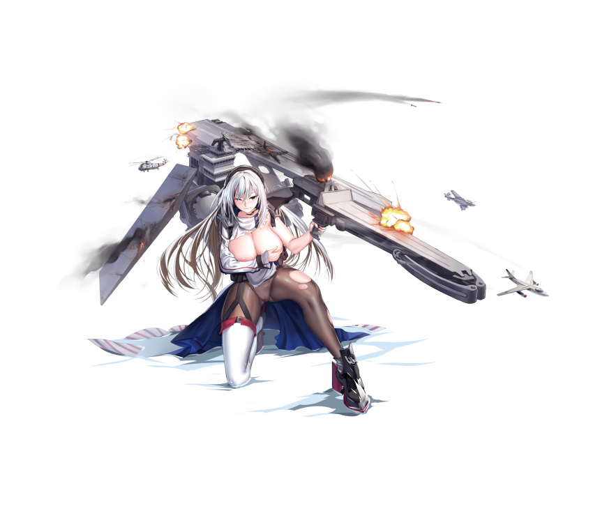 1girl absurdres aircraft aircraft_carrier airplane black_legwear boots breasts brown_eyes covering covering_breasts grey_hair headphones highres large_breasts long_hair long_sleeves machinery mecha_musume military military_vehicle onceskylark one_eye_closed original pantyhose personification ship solo thigh_boots thighhighs torn_clothes uss_america_(cv-66) warship watercraft white_footwear
