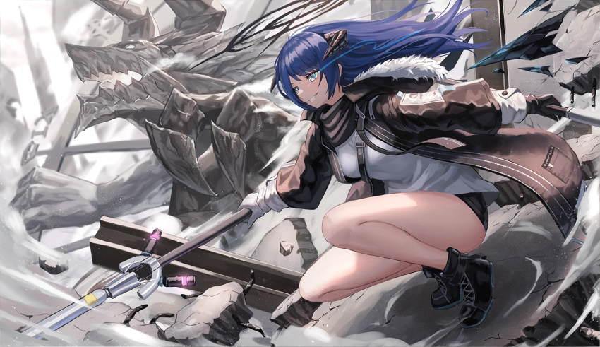 1girl arknights bangs bare_legs black_footwear black_gloves black_jacket black_shorts blue_eyes blue_hair commentary_request dual_wielding fur-trimmed_jacket fur_trim gloves holding holding_staff horns jacket long_hair mismatched_gloves mostima_(arknights) nekoneko_jun2_123 open_clothes open_jacket originium_arts_(arknights) parted_lips shirt short_shorts shorts staff white_gloves white_shirt