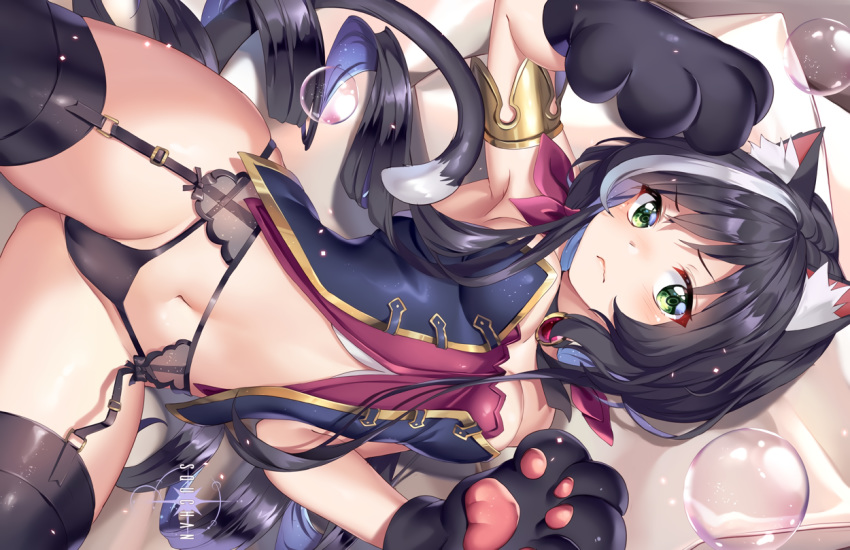 animal_ears black_hair blush bubbles cameltoe catgirl gloves karyl long_hair navel panties princess_connect! squchan stockings tail twintails underwear watermark