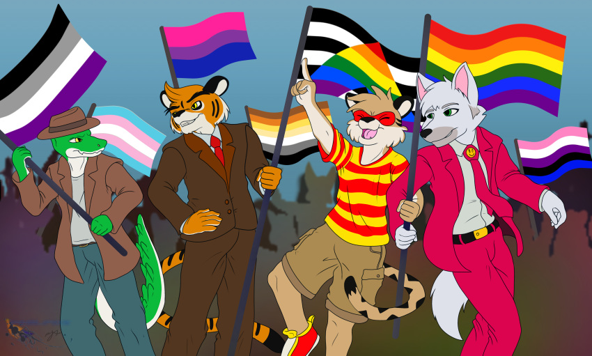 absurd_res alligator alligatorid anthro asexual_pride_colors bisexual_pride_colors business_suit canid canine canis casual_clothing clothed clothing cregon crocodile crocodilian crocodylid fedora felid flag flags frank_(cregon) fully_clothed group hat headgear headwear hi_res lgbt_pride male mammal pantherine philfox pride_colors rainbow_flag rainbow_pride_flag rainbow_symbol reptile romantic_ambiance romantic_couple scalie silhouette suit tiger transgender_pride_colors wolf