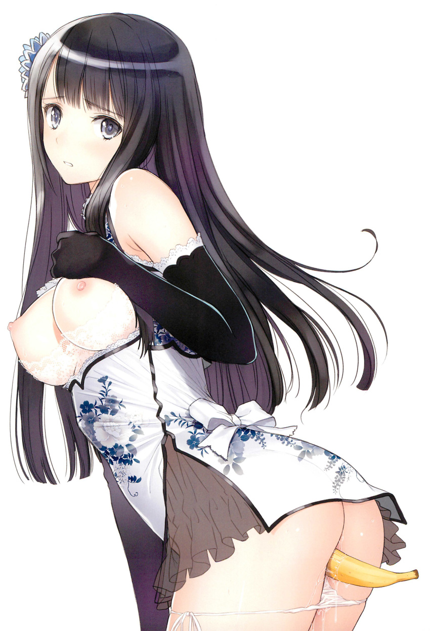 1girl absurdres ass banana black_gloves black_hair blue_eyes blush breasts breasts_outside china_dress chinese_clothes dress elbow_gloves flower food fruit gloves hair_flower hair_ornament highres long_hair looking_at_viewer nipples object_insertion original panties panty_pull pussy_juice scan shiny shiny_skin side-tie_panties simple_background solo tanaka_takayuki underwear vaginal vaginal_object_insertion white_background white_panties
