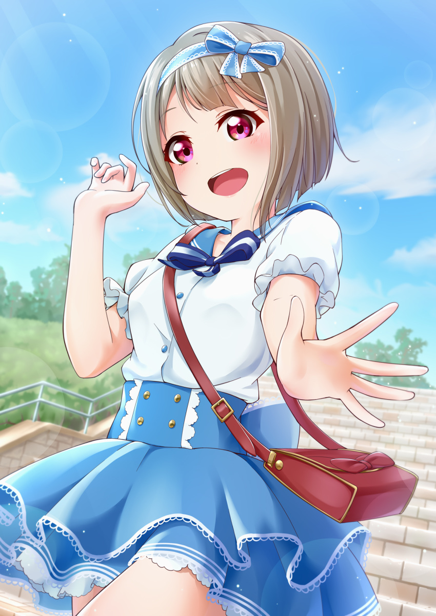 1girl blue_skirt brown_bag casual highres light_brown_hair looking_at_viewer love_live! love_live!_school_idol_project nakasu_kasumi open_mouth prbili puffy_short_sleeves puffy_sleeves purple_eyes short_sleeves skirt smile solo