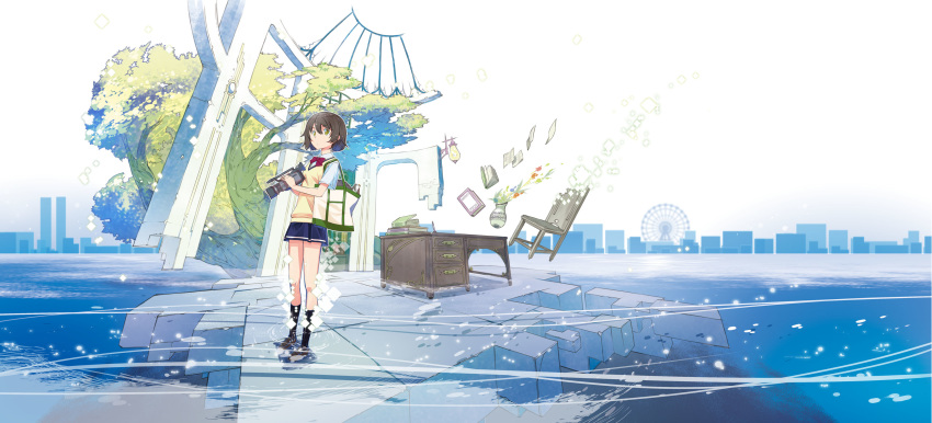 1girl absurdres akizuki_ryou_(artist) blue_skirt bow bowtie brown_eyes brown_hair camera ferris_wheel floating floating_island floating_object highres holding holding_camera kaminagi_ryouko looking_at_viewer red_neckwear school_uniform short_hair skirt skyline solo tote_bag tree vest yellow_vest zegapain