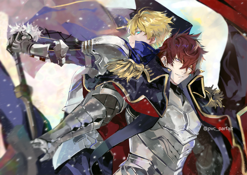 2boys armor arthur_pendragon_(fate) black_cape blonde_hair blue_cape blue_eyes cape epaulettes excalibur_(fate/prototype) fate/prototype fate/prototype:_fragments_of_blue_and_silver fate_(series) gloves holding holding_sword holding_weapon latin_commentary looking_at_viewer lucius_tiberius_(fate) male_focus messy_hair multiple_boys popped_collar profile purple_eyes pvc_parfait red_hair smile sword twitter_username upper_body weapon