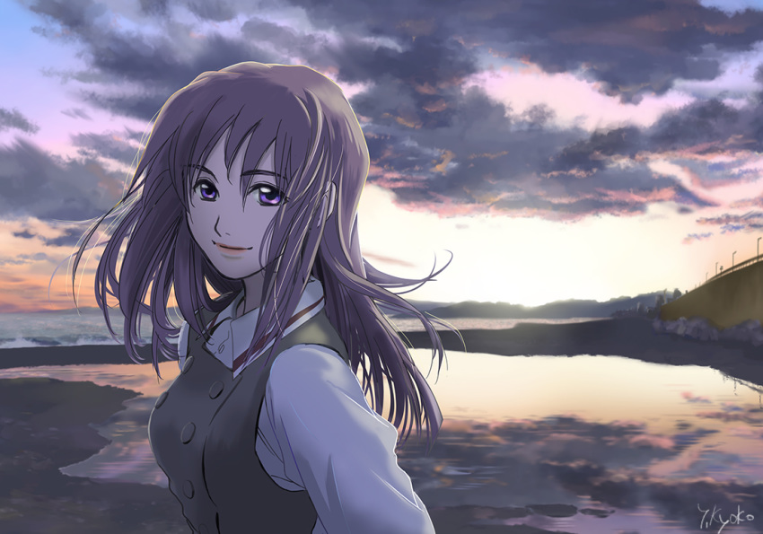 1girl beach evening eyebrows_visible_through_hair floating_hair grey_hair light_smile looking_at_viewer misaki_shizuno purple_eyes school_uniform solo yunamik zegapain