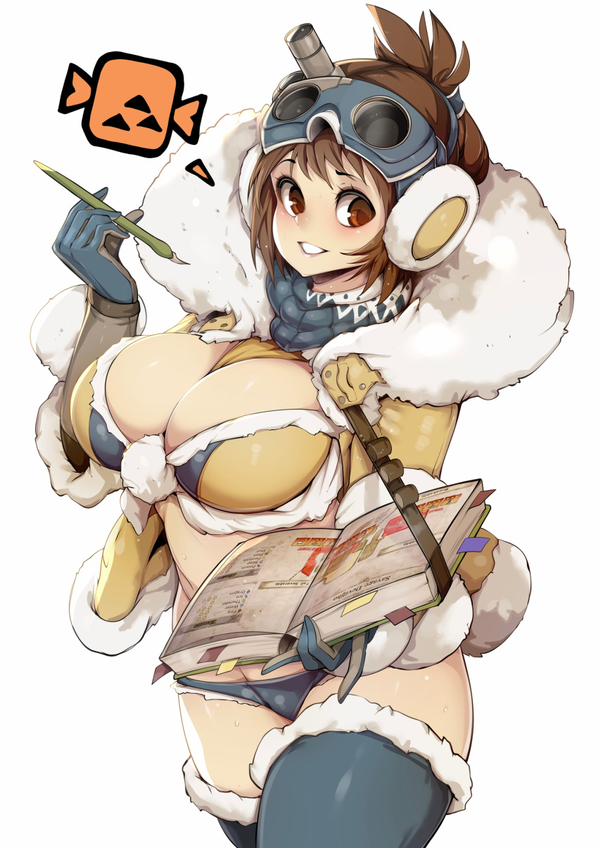 1girl absurdres blue_legwear book bookmark breasts brown_hair cleavage commentary fur-trimmed_legwear fur_trim gloves goggles grin handler_(monster_hunter_world) highres icon large_breasts looking_at_viewer midriff monster_hunter monster_hunter:_world pen red_eyes short_hair simple_background slugbox smile solo sweat thighhighs thighs white_background