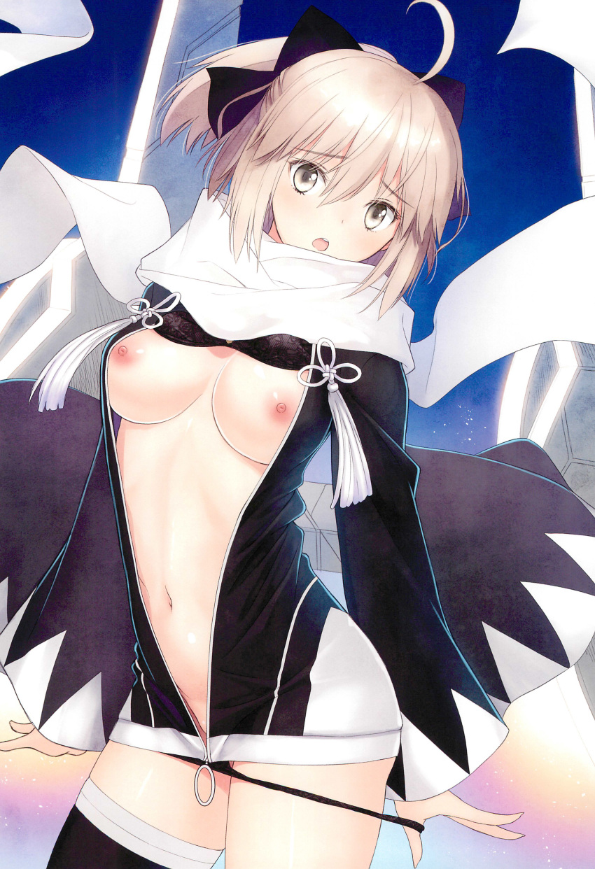 1girl absurdres ahoge bangs black_bow black_legwear black_panties blush bow breasts cleavage eyebrows_visible_through_hair fate/grand_order fate_(series) gradient gradient_background hair_bow highres koha-ace long_sleeves medium_breasts navel nipples okita_souji_(fate) okita_souji_(fate)_(all) open_mouth panties panty_pull pulled_by_self scan scarf shiny shiny_skin short_hair simple_background solo stomach tanaka_takayuki thighhighs tied_hair underwear white_scarf wide_sleeves yellow_eyes zipper zipper_pull_tab