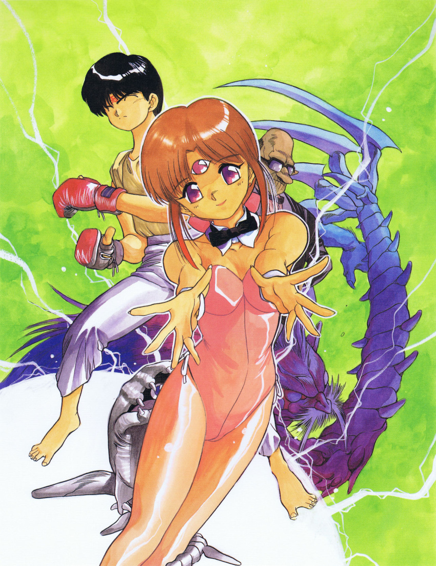 1990s_(style) 3x3_eyes ayanokouji_pai barefoot boxing_gloves detached_collar fujii_yakumo highres leotard looking_at_viewer official_art open_hands orange_hair outstretched_arms pink_leotard purple_eyes smile takada_yuuzou third_eye