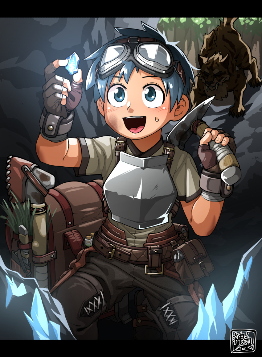 1boy animal blue_eyes blue_hair cave cave_interior child gem googles highres kaminosaki1 mining open_eyes open_mouth original pickaxe teeth