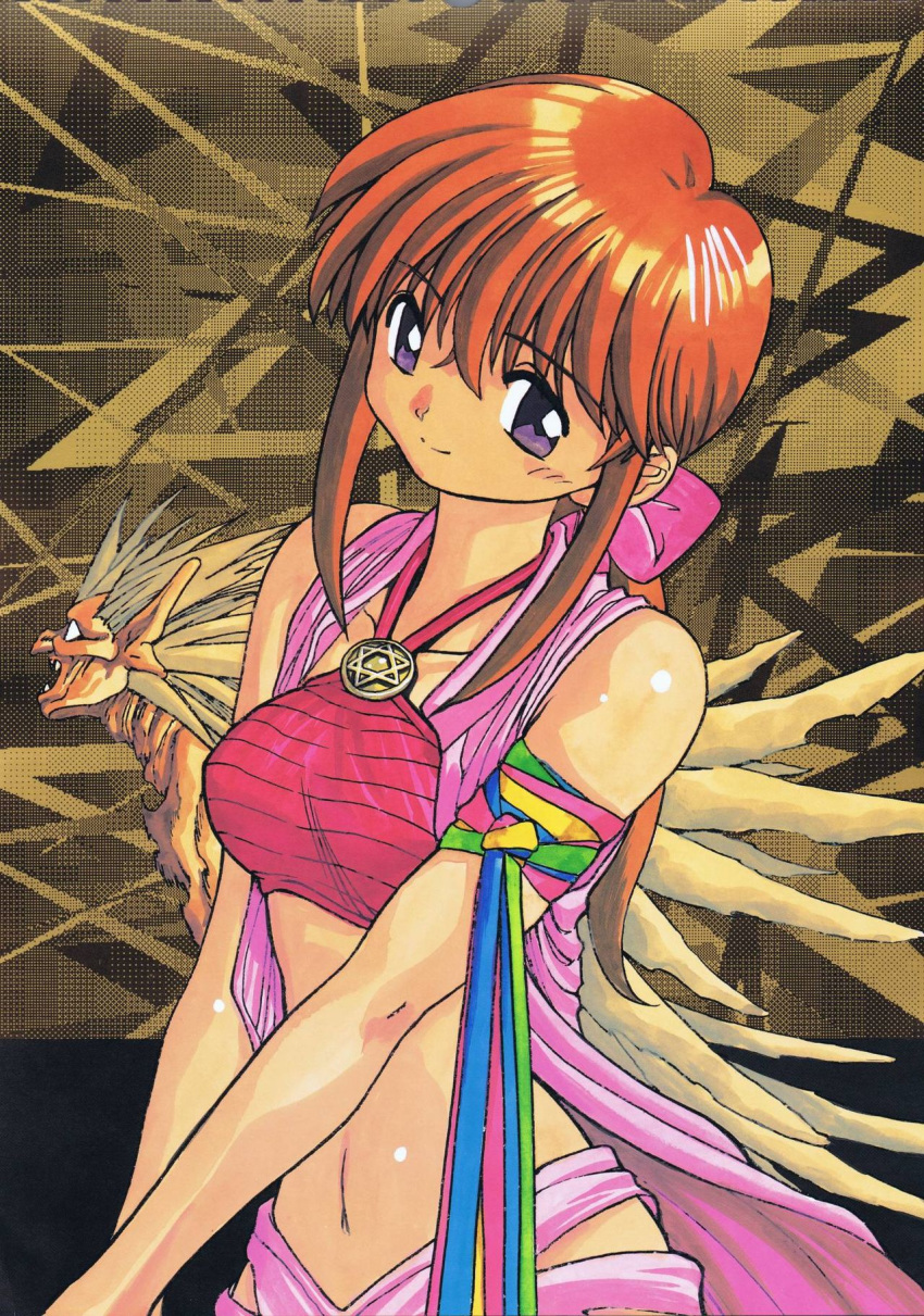 1990s_(style) 1girl 3x3_eyes ayanokouji_pai hexagram highres long_hair looking_at_viewer official_art orange_hair ponytail smile solo star_of_david takada_yuuzou takuhi v_arms