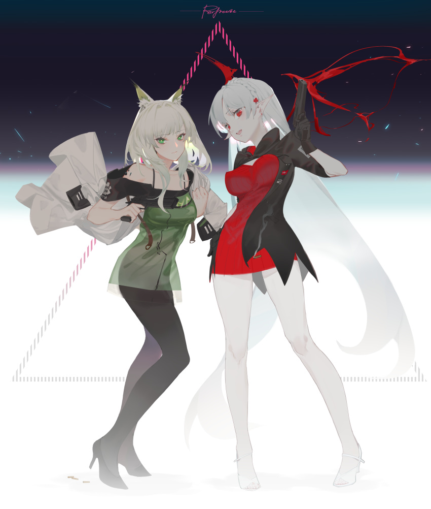 2girls :d absurdres animal_ear_fluff arknights asymmetrical_hair bangs bare_shoulders black_footwear black_gloves black_jacket black_legwear bodystocking bra_strap braid breasts closed_mouth contrapposto cross_hair_ornament crown_braid demon_wings dress earrings falling finger_on_trigger full_body gloves green_dress green_eyes gun hair_ornament hairpin handgun head_tilt high_heels highres holding holding_gun holding_weapon hoshimawa jacket jacket_over_shoulder jewelry kal'tsit_(arknights) large_breasts long_hair medium_breasts multiple_girls off_shoulder open_mouth open_toe_shoes pantyhose pointy_ears red_dress red_eyes red_sweater ribbed_sweater scales see-through shell_casing short_dress short_sleeves sidelocks silver_hair skeletal_wings smile smoke standing stud_earrings sweater sweater_dress triangle two-tone_background very_long_hair warfarin_(arknights) weapon white_footwear white_jacket white_legwear wings