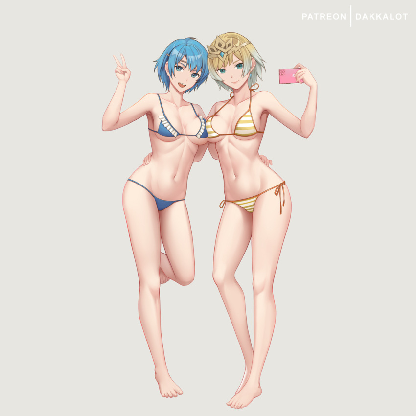 2girls asymmetrical_docking bare_arms bare_shoulders bikini blonde_hair blue_bikini blue_eyes blue_hair breast_press breasts cellphone cellphone_camera dakkalot fire_emblem fire_emblem:_the_binding_blade fire_emblem_heroes fjorm_(fire_emblem) frilled_bikini frills full_body green_eyes grey_background large_breasts multiple_girls navel orange_ribbon patreon_logo patreon_username phone ribbon shanna_(fire_emblem) short_hair side-tie_bikini striped striped_bikini swimsuit symmetrical_docking tiara underboob yellow_bikini