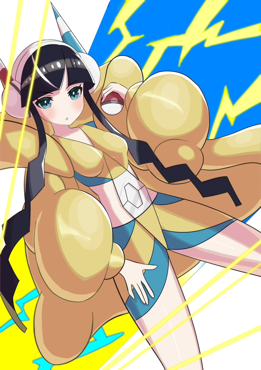1girl :o absurdres aimubaniran bangs black_hair blue_eyes blunt_bangs blush breasts coat collarbone commentary_request electricity eyelashes fur_coat gym_leader hand_on_own_thigh headphones highres holding holding_poke_ball kamitsure_(pokemon) long_hair looking_at_viewer poke_ball poke_ball_(generic) pokemon pokemon_(game) pokemon_bw2 shiny shiny_hair solo twintails very_long_hair yellow_coat