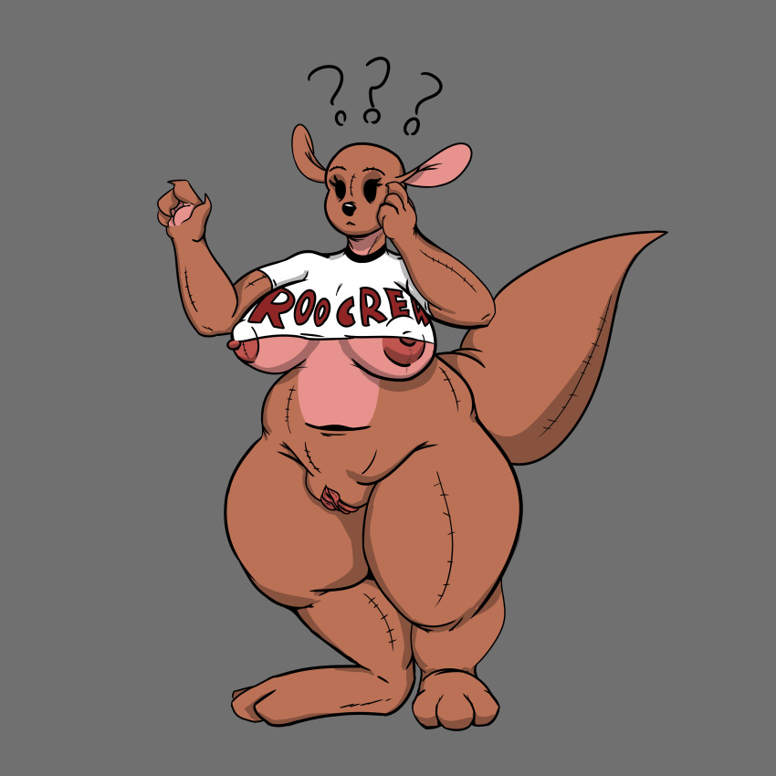 1:1 absurd_res animate_inanimate anthro belly claws clitoris clothing confused_look confusion disney female genitals hi_res huge_hips kanga kangaroo kentuckiyucki living_plushie macropod mammal marsupial mature_female nipples pawpads paws plump_labia plushie pouch_(anatomy) puffy_nipples pussy solo stitch_(disambiguation) thick_tail thick_thighs tight_clothing wardrobe_malfunction wide_hips winnie_the_pooh_(franchise)