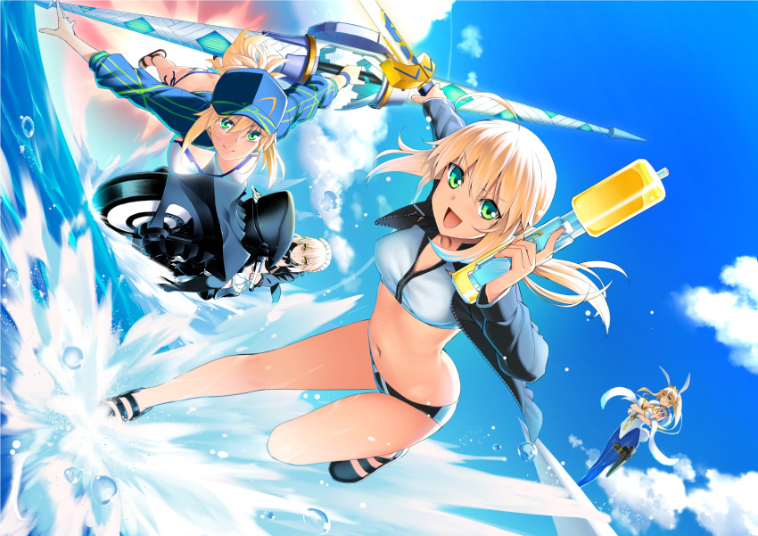 4girls ahoge animal_ears artoria_pendragon_(all) artoria_pendragon_(swimsuit_archer) artoria_pendragon_(swimsuit_rider_alter) artoria_pendragon_(swimsuit_ruler)_(fate) bangs bare_shoulders baseball_cap bikini black_jacket blonde_hair blue_eyes blue_headwear blue_jacket blue_legwear blue_neckwear blue_sky blush breasts bunny_ears bunnysuit cleavage collarbone cropped_jacket detached_collar fate/grand_order fate_(series) feather_boa flying green_eyes ground_vehicle hair_between_eyes hat highleg highleg_leotard highres holding_water_gun jacket lance large_breasts leotard long_hair long_sleeves looking_at_viewer low_ponytail maid_bikini maid_headdress medium_breasts motor_vehicle motorcycle multiple_girls mysterious_heroine_xx_(foreigner) namonashi navel navel_cutout ocean open_clothes open_jacket open_mouth polearm ponytail sandals shrug_(clothing) sky smile swimsuit tiara twinmyniad water_gun weapon white_bikini white_leotard wristband yellow_eyes
