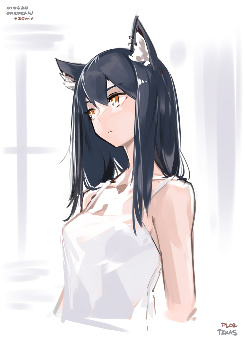 1girl animal_ear_fluff animal_ears arknights bare_shoulders black_hair breasts camisole closed_mouth cropped_torso deel_(rkeg) expressionless highres long_hair looking_away medium_breasts orange_eyes shirt sleeveless sleeveless_shirt solo spaghetti_strap texas_(arknights) white_shirt wolf_ears