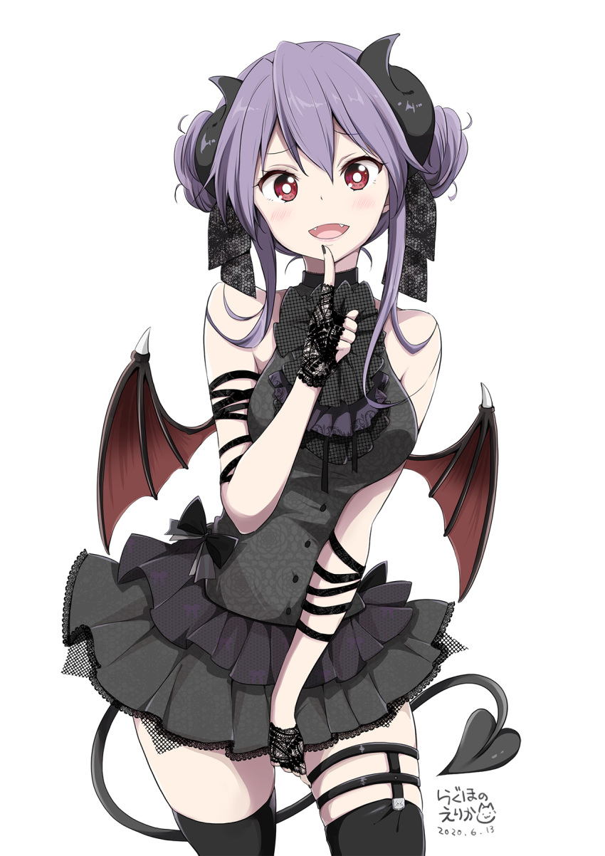 1girl :d bangs bare_shoulders black_dress black_gloves black_legwear black_nails breasts brown_wings chikanoko commentary_request curled_horns dated demon_girl demon_horns demon_tail demon_wings dress eyebrows_visible_through_hair fangs fingerless_gloves gloves hair_between_eyes highres horns index_finger_raised lace lace_gloves medium_breasts nail_polish naito_mare open_mouth pleated_dress purple_hair ragho_no_erika red_eyes signature simple_background sleeveless sleeveless_dress smile solo tail thighhighs white_background wings