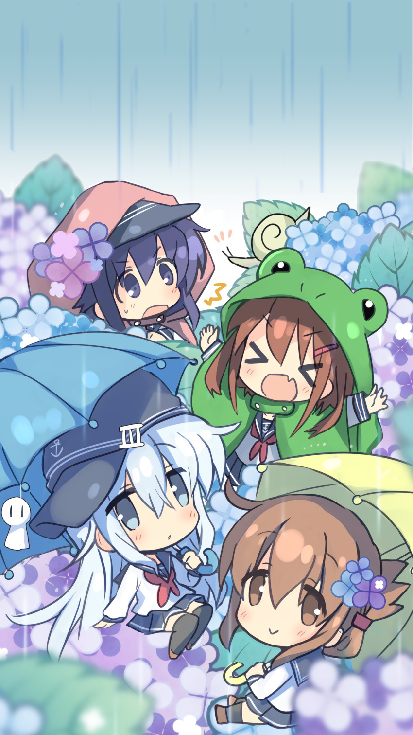 &gt;_&lt; /\/\/\ 4girls :&gt; absurdres akatsuki_(kantai_collection) anchor_symbol bangs black_legwear black_skirt blue_eyes blush brown_eyes brown_hair chibi closed_eyes closed_mouth eyebrows_visible_through_hair fang flat_cap flower folded_ponytail hair_between_eyes hair_flower hair_ornament hairclip hat hibiki_(kantai_collection) highres hizuki_yayoi holding holding_umbrella hood hood_up ikazuchi_(kantai_collection) inazuma_(kantai_collection) kantai_collection leaf long_hair long_sleeves looking_at_another looking_at_viewer multiple_girls neckerchief open_mouth outdoors outstretched_arms parted_lips pleated_skirt purple_eyes purple_hair rain raincoat sailor_collar school_uniform serafuku short_hair silver_hair skirt smile snail teruterubouzu thighhighs umbrella