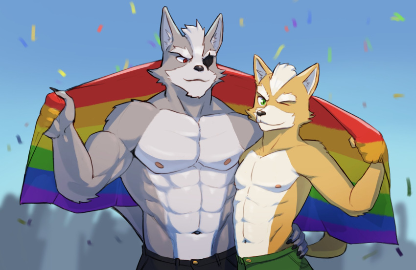 2020 abs anthro anthro_on_anthro brown_body brown_fur canid canine canis clothed clothing confetti crowd digital_media_(artwork) duo eye_patch eyewear flag fox fox_mccloud fur green_eyes grey_body grey_fur group hi_res jrjresq larger_male lgbt_pride looking_at_viewer male male/male mammal muscular muscular_male nintendo nipples one_eye_closed outside pecs pride_colors rainbow_flag rainbow_pride_flag rainbow_symbol red_eyes simple_background size_difference smaller_male smile standing star_fox video_games wink wolf wolf_o'donnell