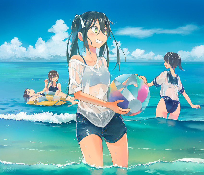 4girls akagi_(kantai_collection) ball beachball blue_hair blue_shorts blush brown_eyes brown_hair cloud competition_swimsuit dated day denim denim_shorts eyebrows_visible_through_hair green_eyes green_hair grin hair_between_eyes hair_ribbon highres holding holding_beachball innertube kaga_(kantai_collection) kantai_collection kusakabe_(kusakabeworks) long_hair multiple_girls ocean one-piece_swimsuit partially_submerged ribbon school_uniform serafuku short_sleeves shorts sky smile souryuu_(kantai_collection) sportswear swimsuit swimsuit_under_clothes twintails twitter_username water white_ribbon zuikaku_(kantai_collection)