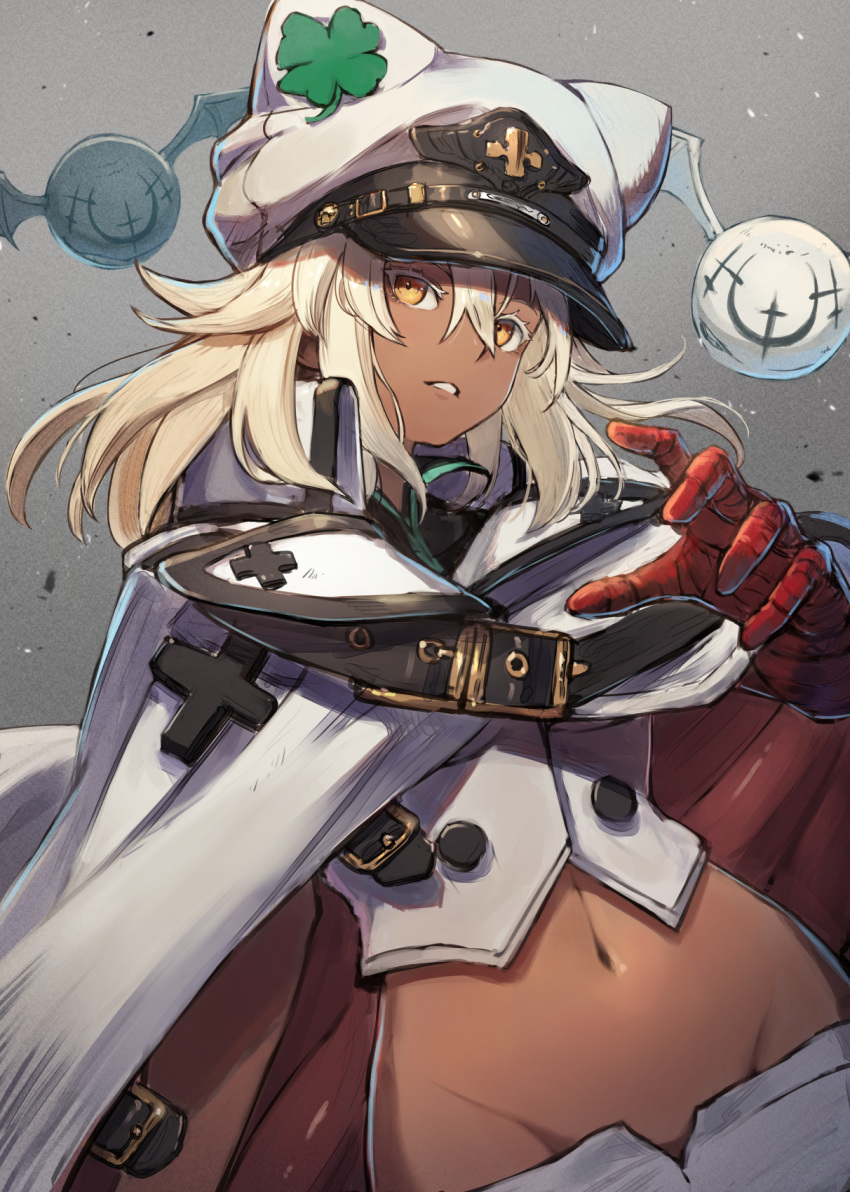 1girl bandaged_arm bandages cloak clover dark_skin four-leaf_clover guilty_gear guilty_gear_strive hair_between_eyes hat highres kuroi_susumu medium_hair navel platinum_blonde_hair ramlethal_valentine solo yellow_eyes