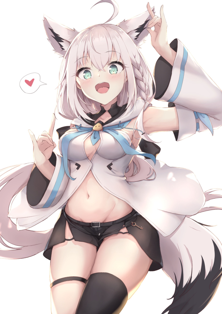 1girl :d ahoge animal_ear_fluff animal_ears aqua_eyes arm_up armpits bare_shoulders black_legwear black_shorts braid breasts cleavage_cutout clothing_cutout commentary_request cowboy_shot detached_sleeves double_fox_shadow_puppet extra_ears fox_ears fox_girl fox_shadow_puppet fox_tail groin hakuya_(white_night) hand_up heart highres hololive long_hair long_sleeves looking_at_viewer medium_breasts micro_shorts midriff navel open_mouth shirakami_fubuki shirt short_shorts shorts side_slit simple_background single_thighhigh smile solo spoken_heart standing stomach tail thigh_strap thighhighs thighs very_long_hair virtual_youtuber white_background white_hair white_shirt
