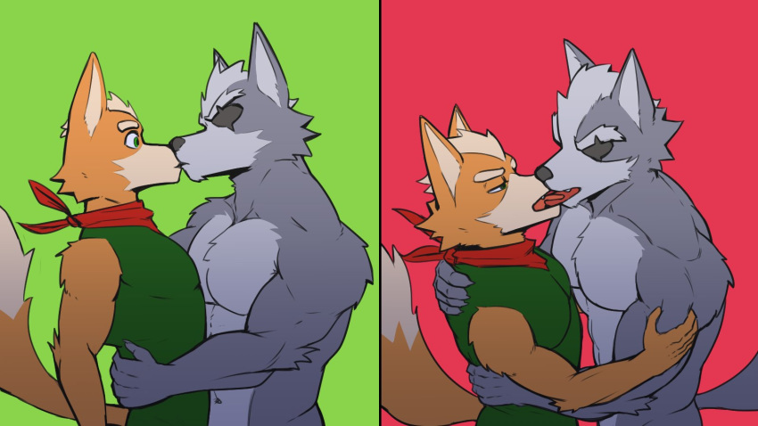 16:9 anthro bandanna canid canine canis clothed clothing duo embracing_another eye_patch eyewear fox fox_mccloud french_kissing hi_res jrjresq kissing male male/male mammal nintendo star_fox topless video_games widescreen wolf wolf_o'donnell