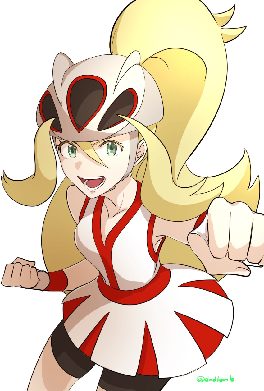 1girl bangs bare_shoulders bicycle_helmet bike_shorts blonde_hair clenched_hands commentary_request dress eyelashes green_eyes gym_leader hair_between_eyes helmet highres hizukiki koruni_(pokemon) long_hair looking_at_viewer open_mouth pokemon pokemon_(game) pokemon_xy ponytail red_dress simple_background solo teeth tongue two-tone_dress very_long_hair white_background white_dress wristband