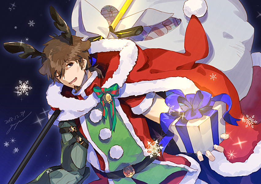 1boy animal_ears bangs bell bow bowtie brown_eyes brown_hair christmas eyebrows_visible_through_hair facial_hair fate/grand_order fate_(series) fur_trim gift gift_bag gift_wrapping goatee goya_(xalbino) hair_ribbon hector_(fate/grand_order) holding looking_at_viewer male_focus one_eye_closed polearm ponytail ribbon santa_costume shiny shiny_hair signature smile snowflakes solo upper_body weapon
