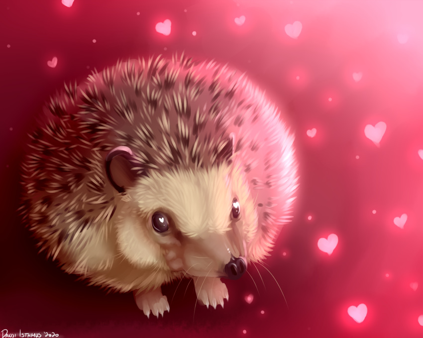 &lt;3 &lt;3_eyes 2020 4_toes 5:4 ambiguous_gender black_nose brown_body brown_ears brown_eyes brown_fur claws countershading danji-isthmus eulipotyphlan feral front_view fur heart_background hedgehog hi_res mammal paws pet pink_background pink_heart quadruped round_ears signature simple_background snout solo tan_countershading toes